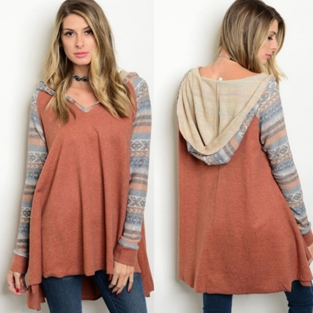 Hem & Thread Burnt Orange Aztec Print Hooded Sweatshirt, Size S/M